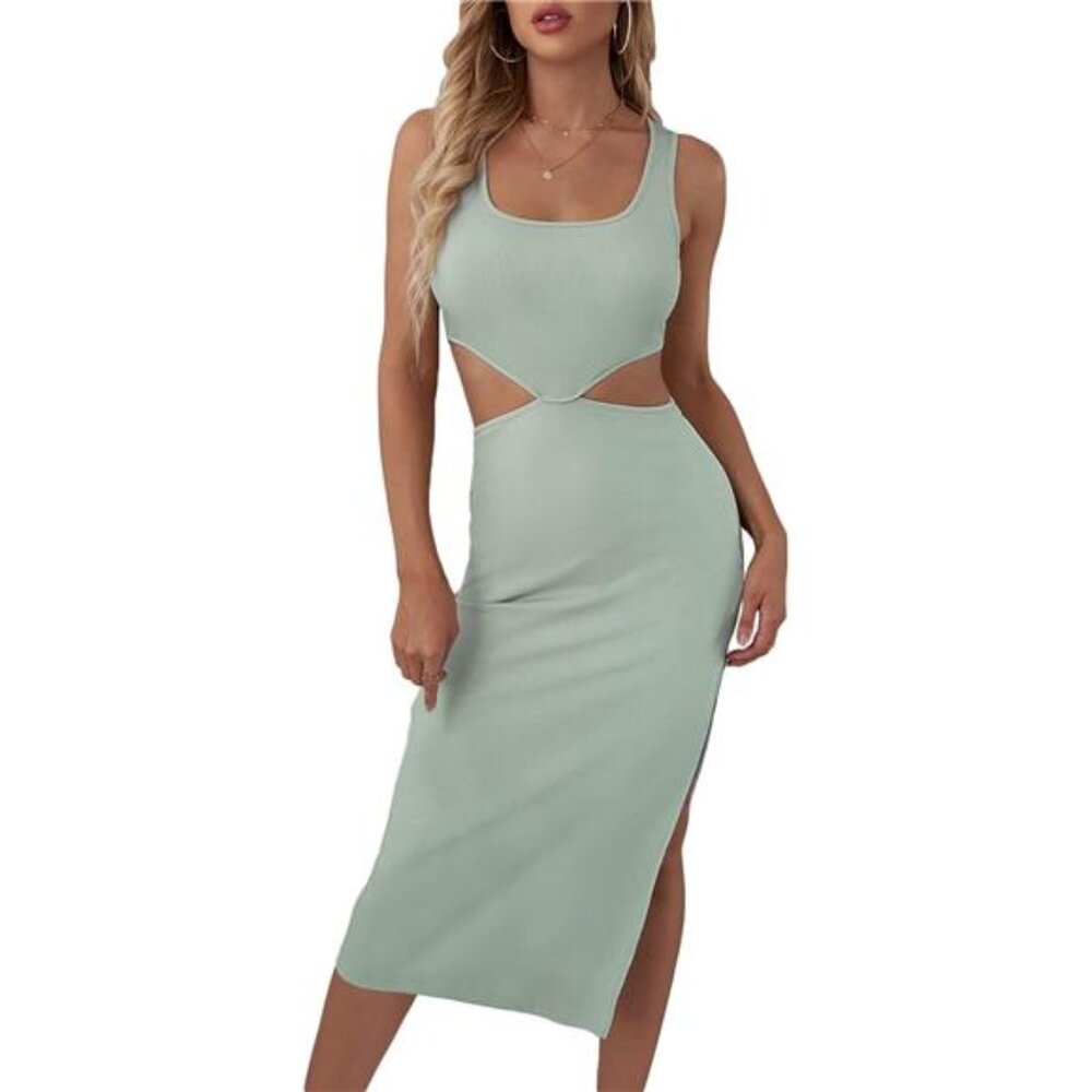 Women's Cut Out Waist Split Side Midi Bodycon Tank Dress, Sleeveless, High Waist